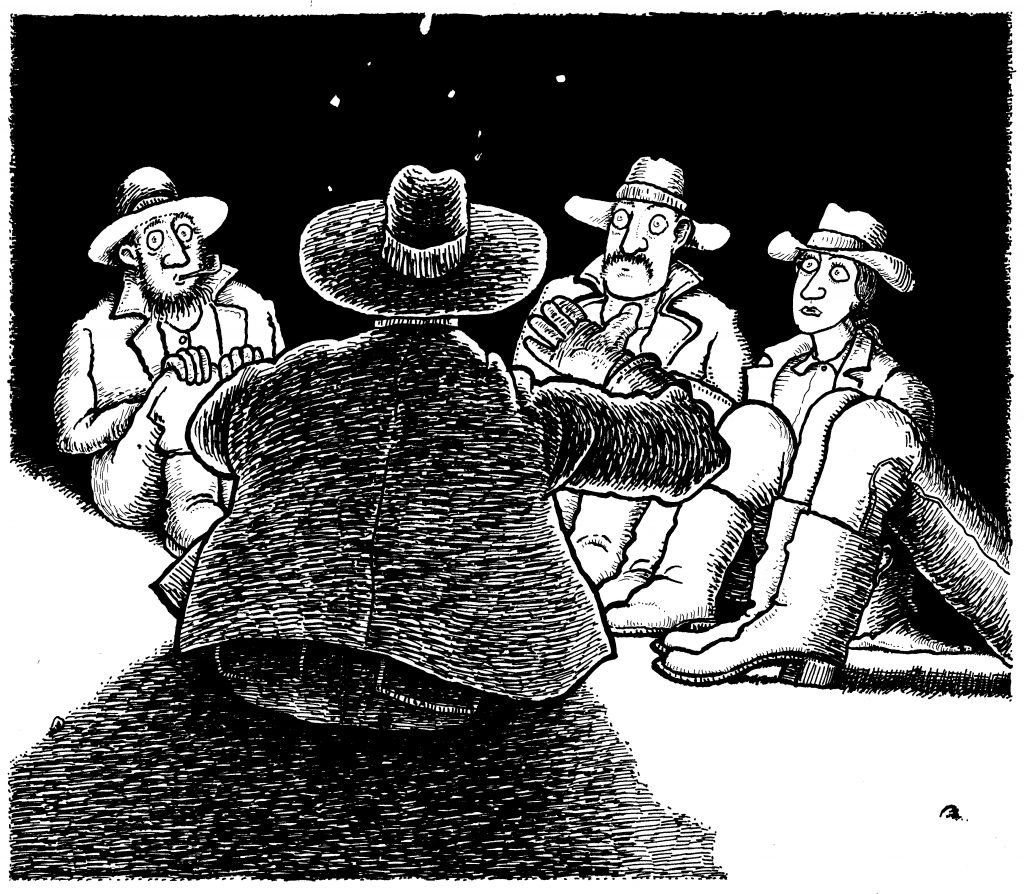 Cartoon image of a cowboy telling a story around a camp fire