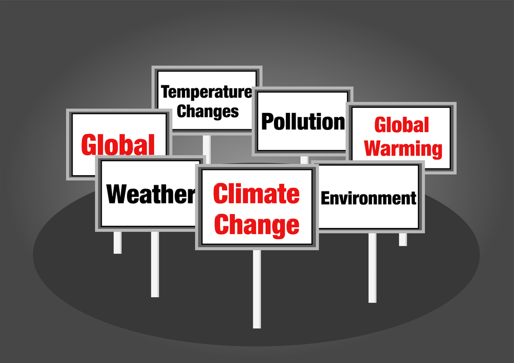 Placards reading climate change, weather, global warming and pollution